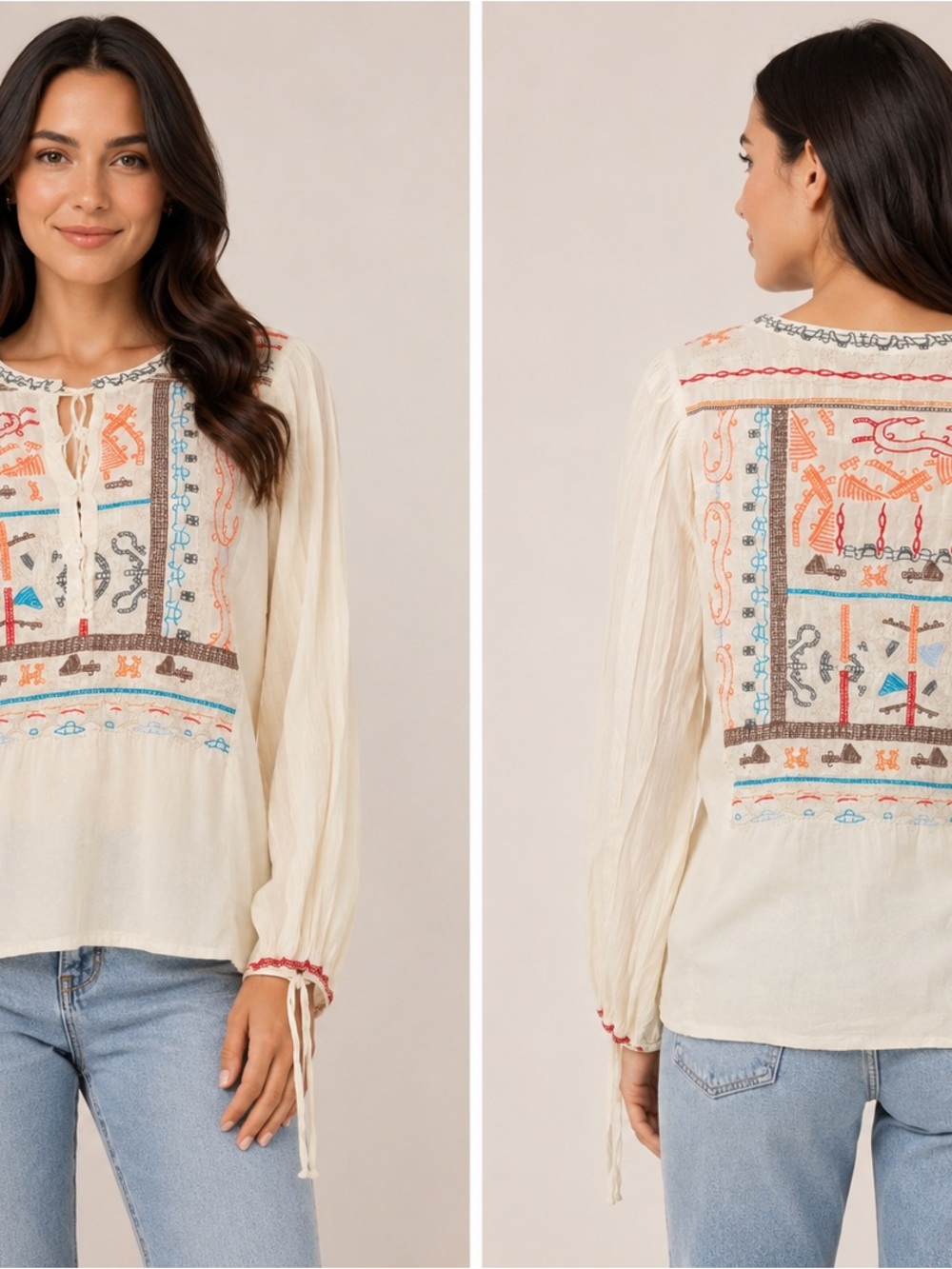 Johnny Was BIYA Cream Embroidered Peasant Blouse 🌼 🦋